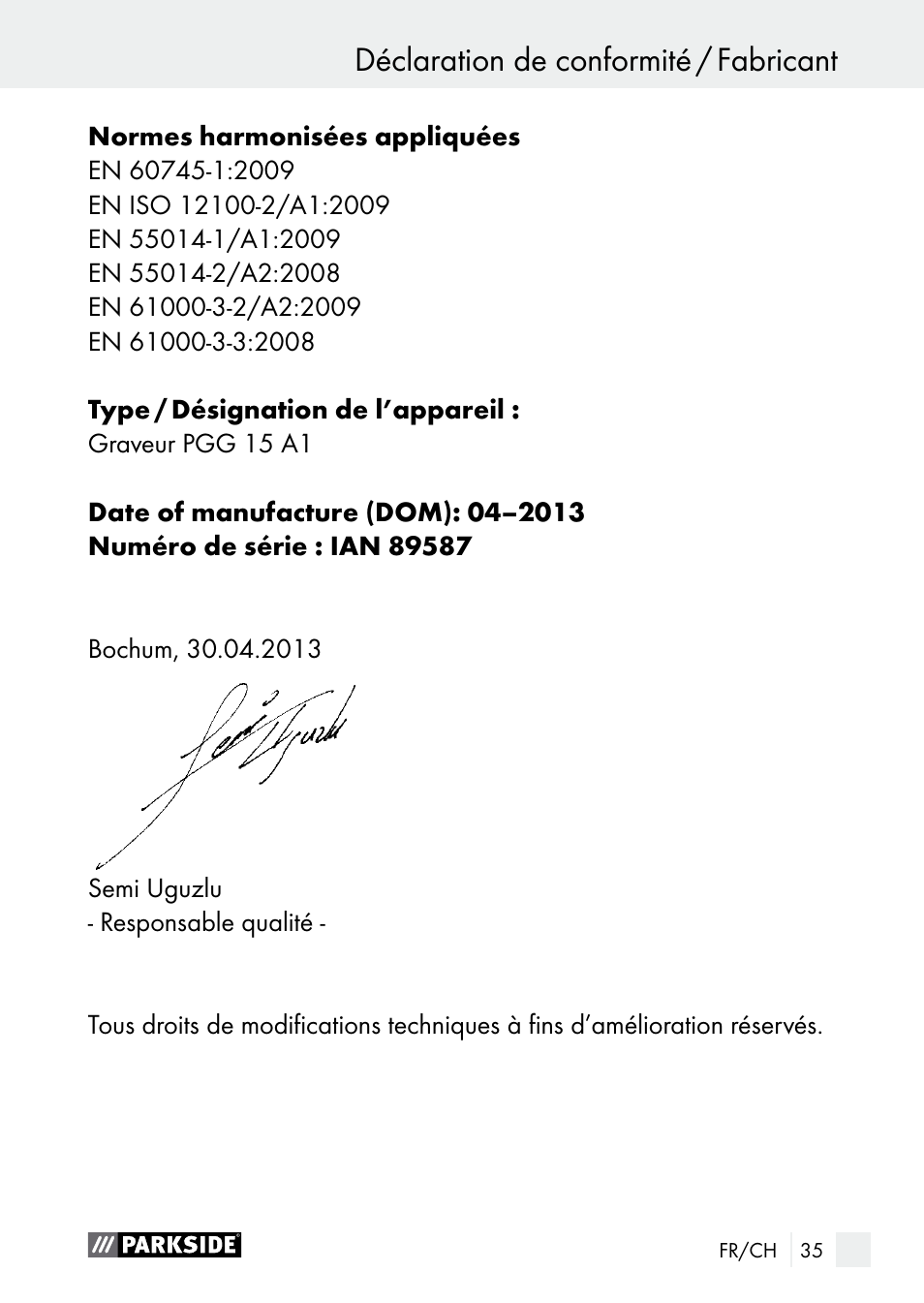 Déclaration de conformité / fabricant | Parkside PGG 15 A1 User Manual | Page 35 / 67