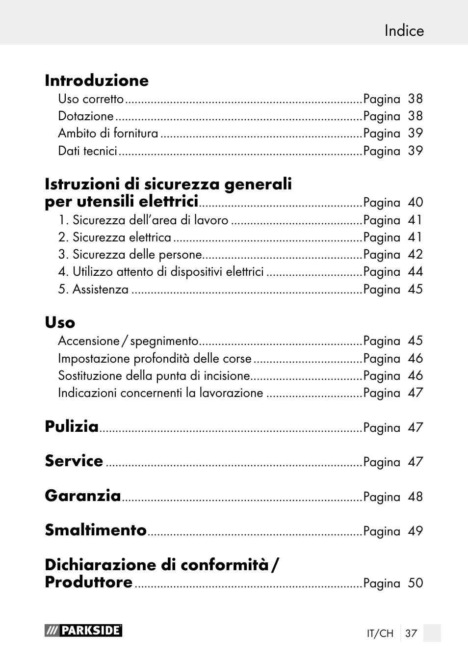 Indice introduzione, Pulizia, Service | Garanzia, Smaltimento, Dichiarazione di conformità / produttore | Parkside PGG 15 A1 User Manual | Page 37 / 67