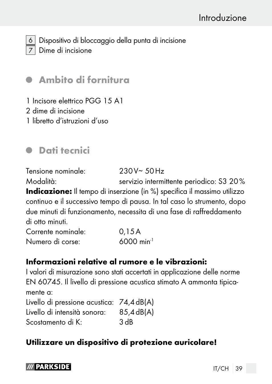 Introduzione, Ambito di fornitura, Dati tecnici | Parkside PGG 15 A1 User Manual | Page 39 / 67