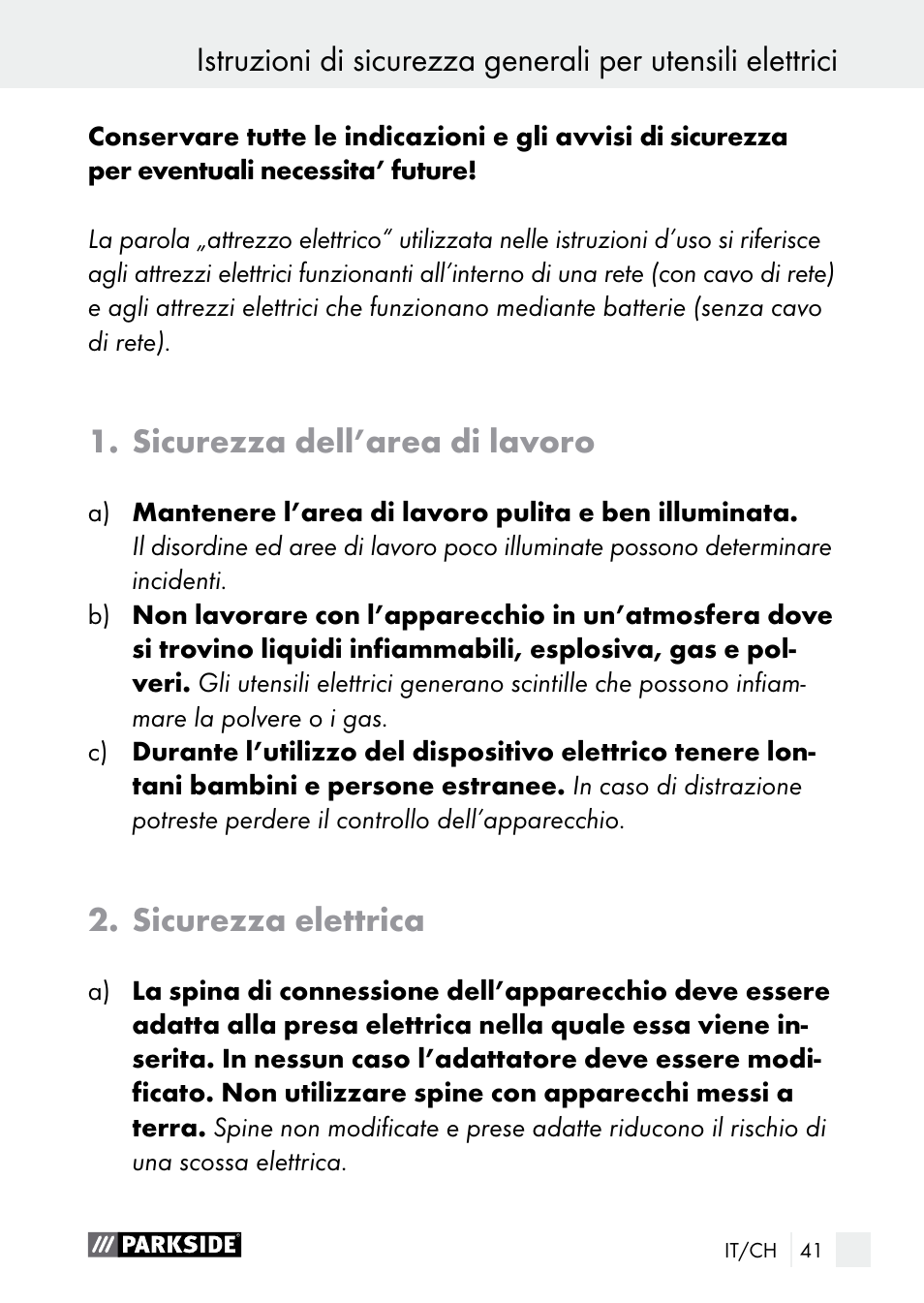 Sicurezza dell’area di lavoro, Sicurezza elettrica | Parkside PGG 15 A1 User Manual | Page 41 / 67