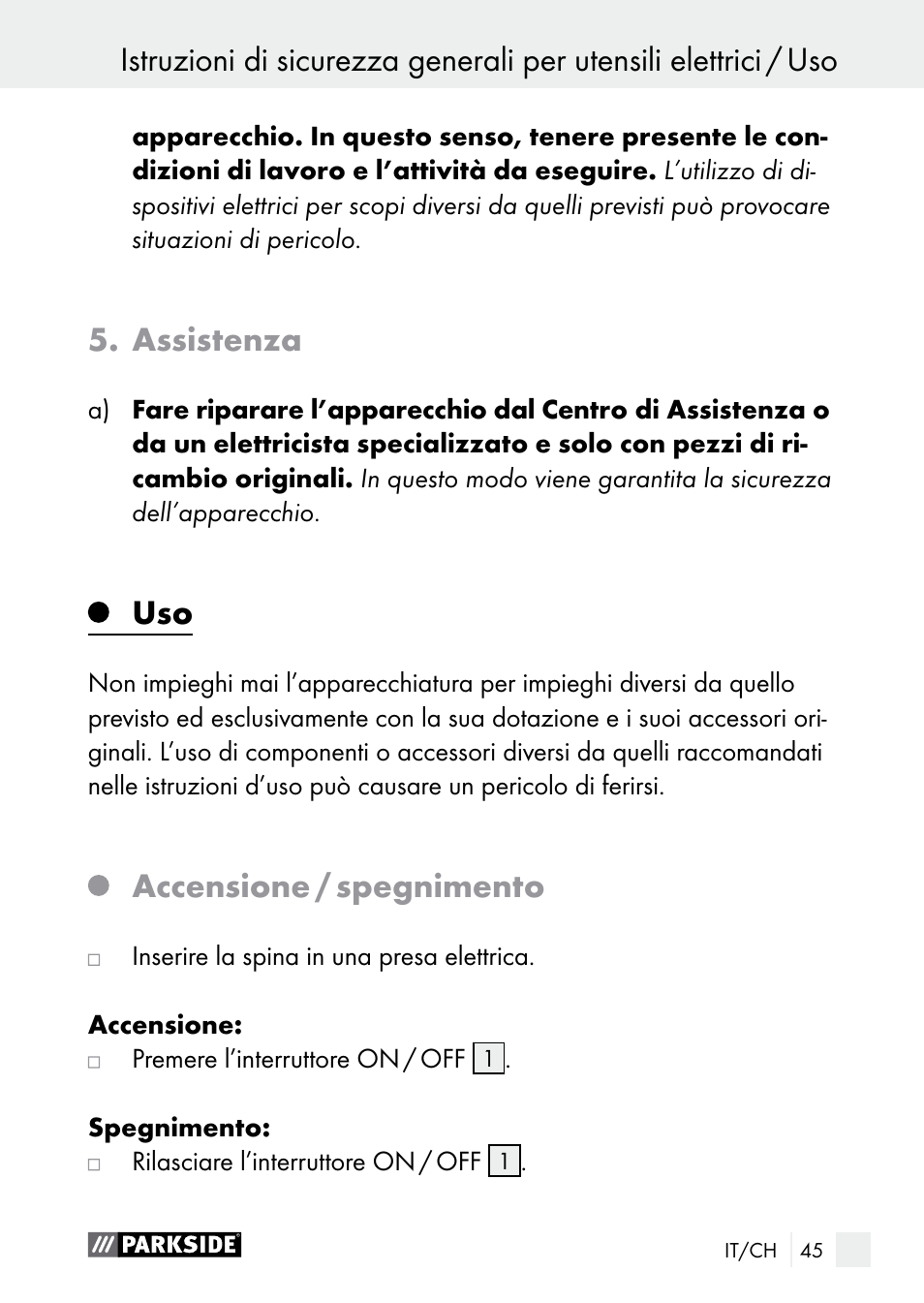 Assistenza, Accensione / spegnimento | Parkside PGG 15 A1 User Manual | Page 45 / 67