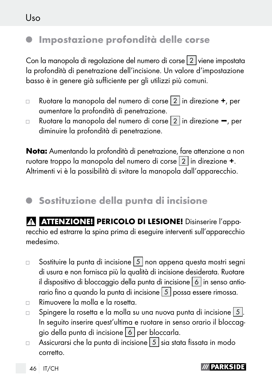 Uso / pulizia / service uso, Impostazione profondità delle corse, Sostituzione della punta di incisione | Parkside PGG 15 A1 User Manual | Page 46 / 67