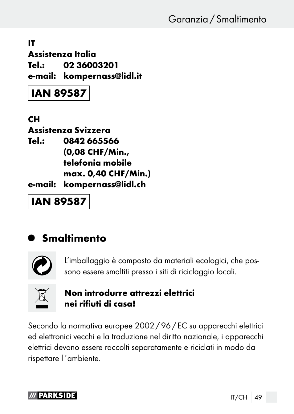 Garanzia / smaltimento service / garanzia, Smaltimento | Parkside PGG 15 A1 User Manual | Page 49 / 67