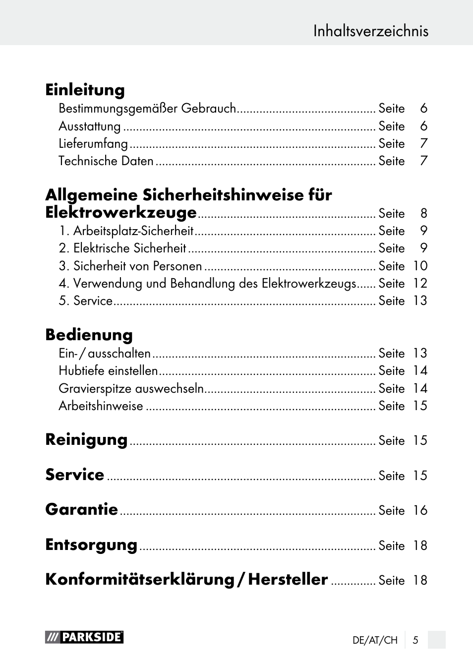 Inhaltsverzeichnis einleitung, Bedienung, Reinigung | Service, Garantie, Entsorgung, Konformitätserklärung / hersteller | Parkside PGG 15 A1 User Manual | Page 5 / 67