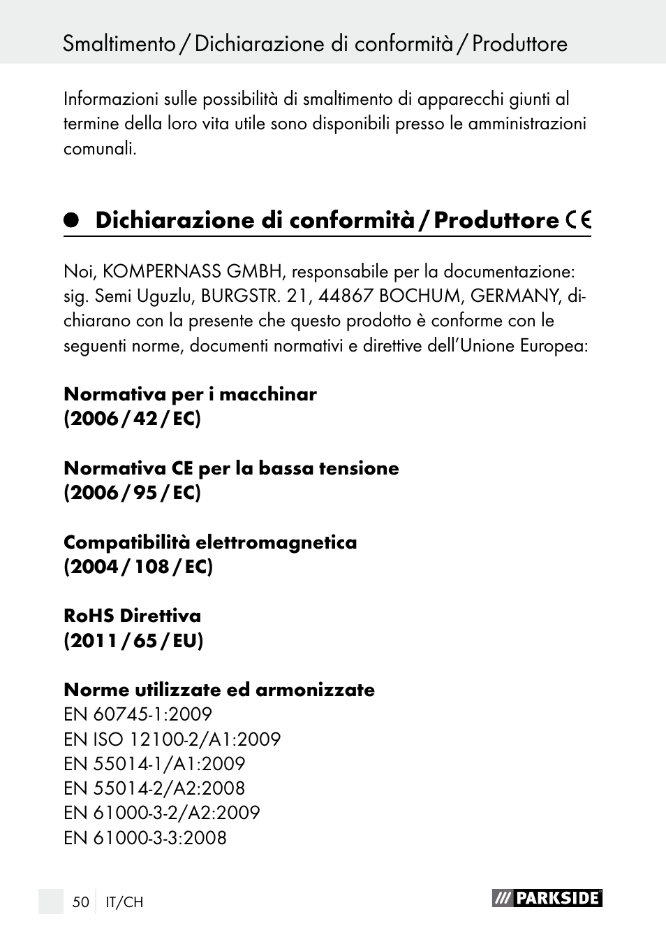 Dichiarazione di conformità / produttore | Parkside PGG 15 A1 User Manual | Page 50 / 67