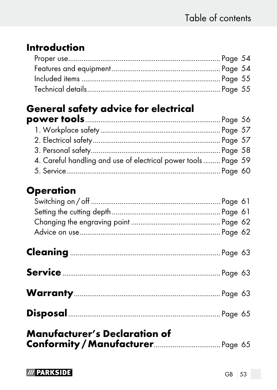 Table of contents introduction, General safety advice for electrical power tools, Operation | Cleaning, Service, Warranty, Disposal | Parkside PGG 15 A1 User Manual | Page 53 / 67