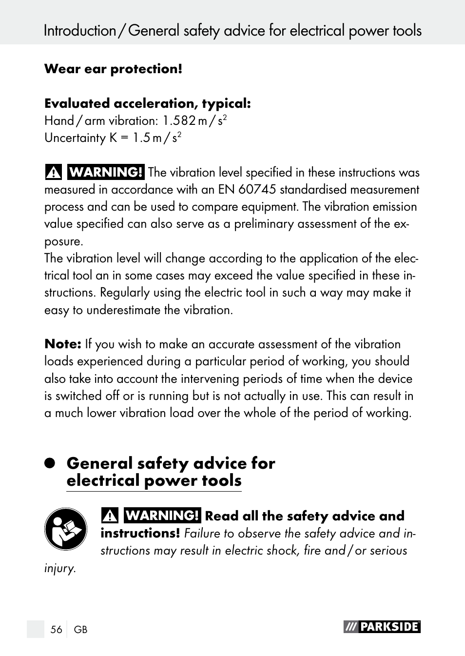 General safety advice for electrical power tools | Parkside PGG 15 A1 User Manual | Page 56 / 67