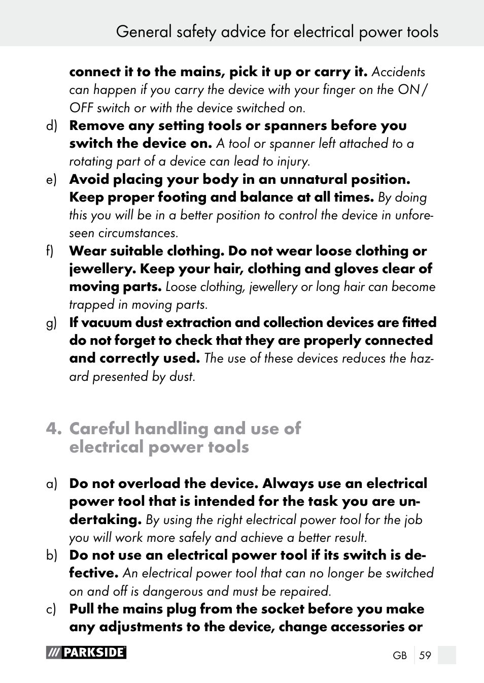 General safety advice for electrical power tools, Careful handling and use of electrical power tools | Parkside PGG 15 A1 User Manual | Page 59 / 67