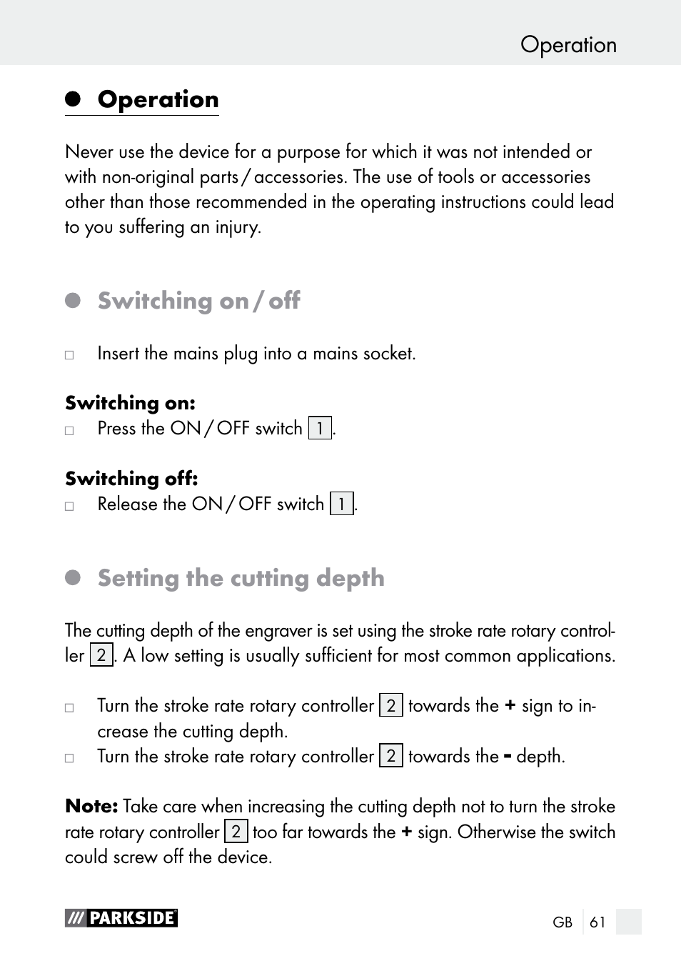Operation, Switching on / off, Setting the cutting depth | Parkside PGG 15 A1 User Manual | Page 61 / 67