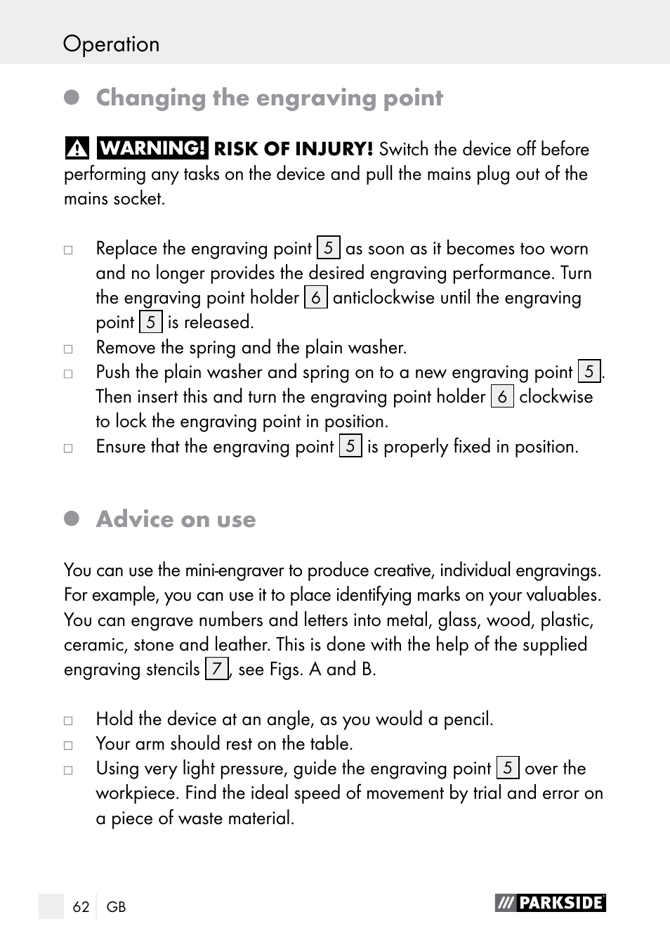 Changing the engraving point, Advice on use | Parkside PGG 15 A1 User Manual | Page 62 / 67