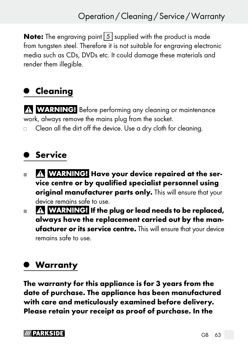 Cleaning, Service, Warranty | Parkside PGG 15 A1 User Manual | Page 63 / 67
