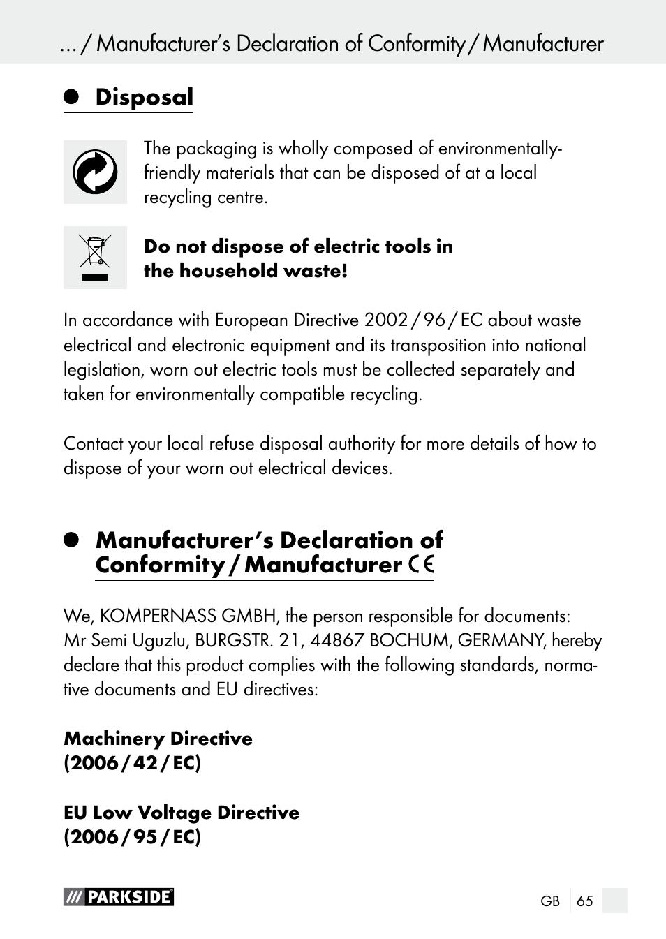 Disposal | Parkside PGG 15 A1 User Manual | Page 65 / 67