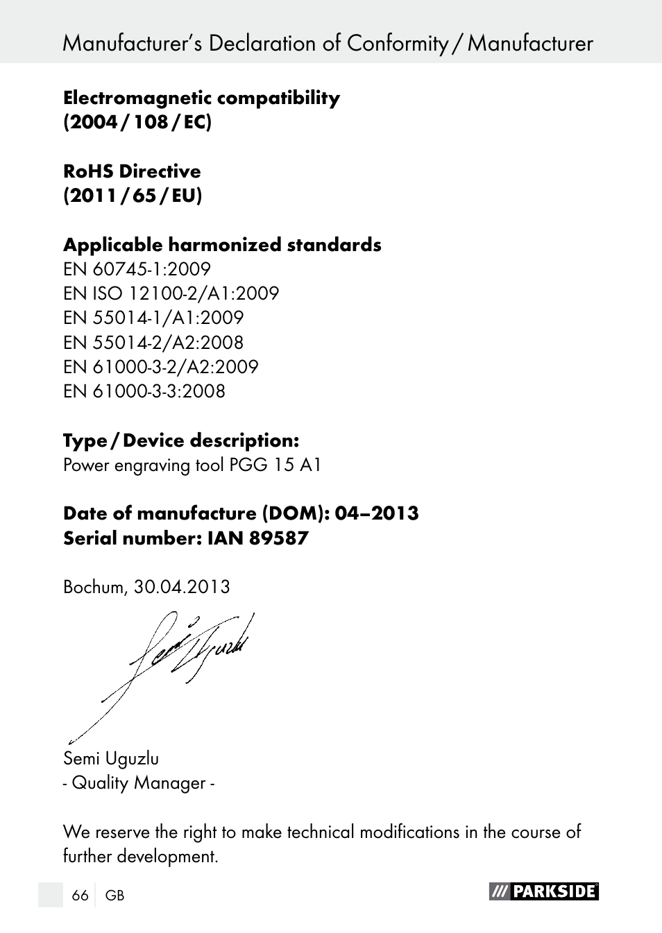 Parkside PGG 15 A1 User Manual | Page 66 / 67
