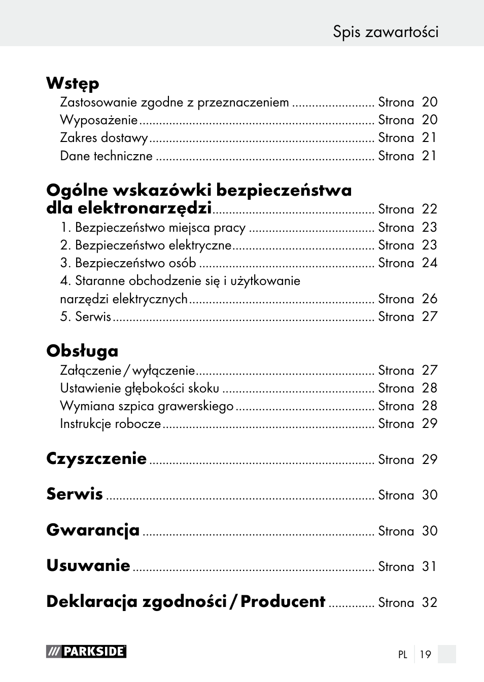 Obsługa, Czyszczenie, Serwis | Gwarancja, Usuwanie, Deklaracja zgodności / producent, Spis zawartości | Parkside PGG 15 A1 User Manual | Page 19 / 96