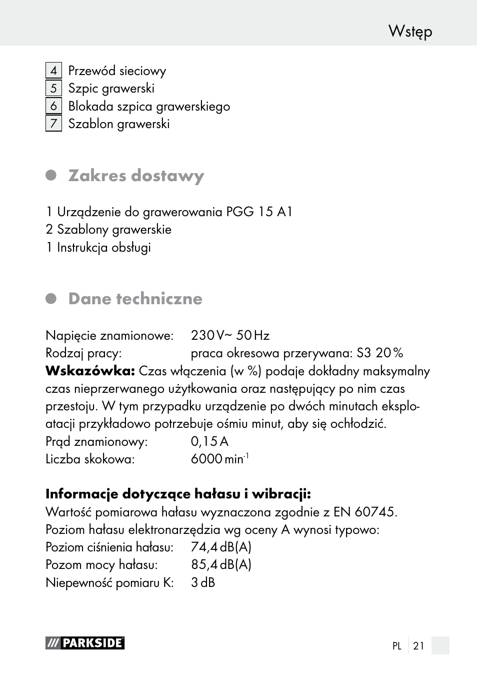 Wstęp, Zakres dostawy, Dane techniczne | Parkside PGG 15 A1 User Manual | Page 21 / 96