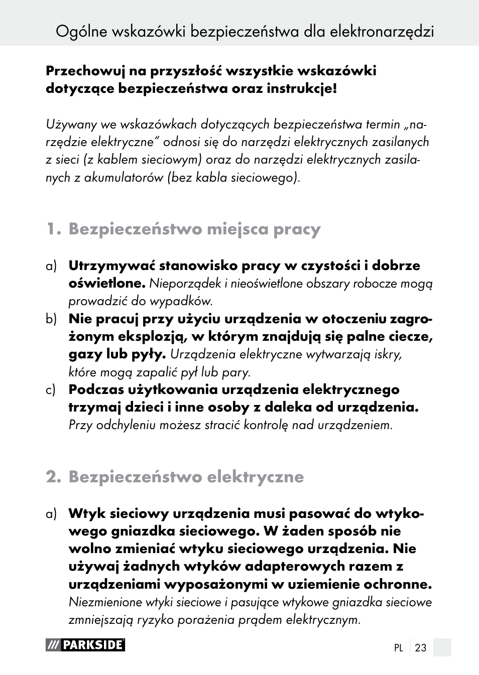 Bezpieczeństwo miejsca pracy, Bezpieczeństwo elektryczne | Parkside PGG 15 A1 User Manual | Page 23 / 96