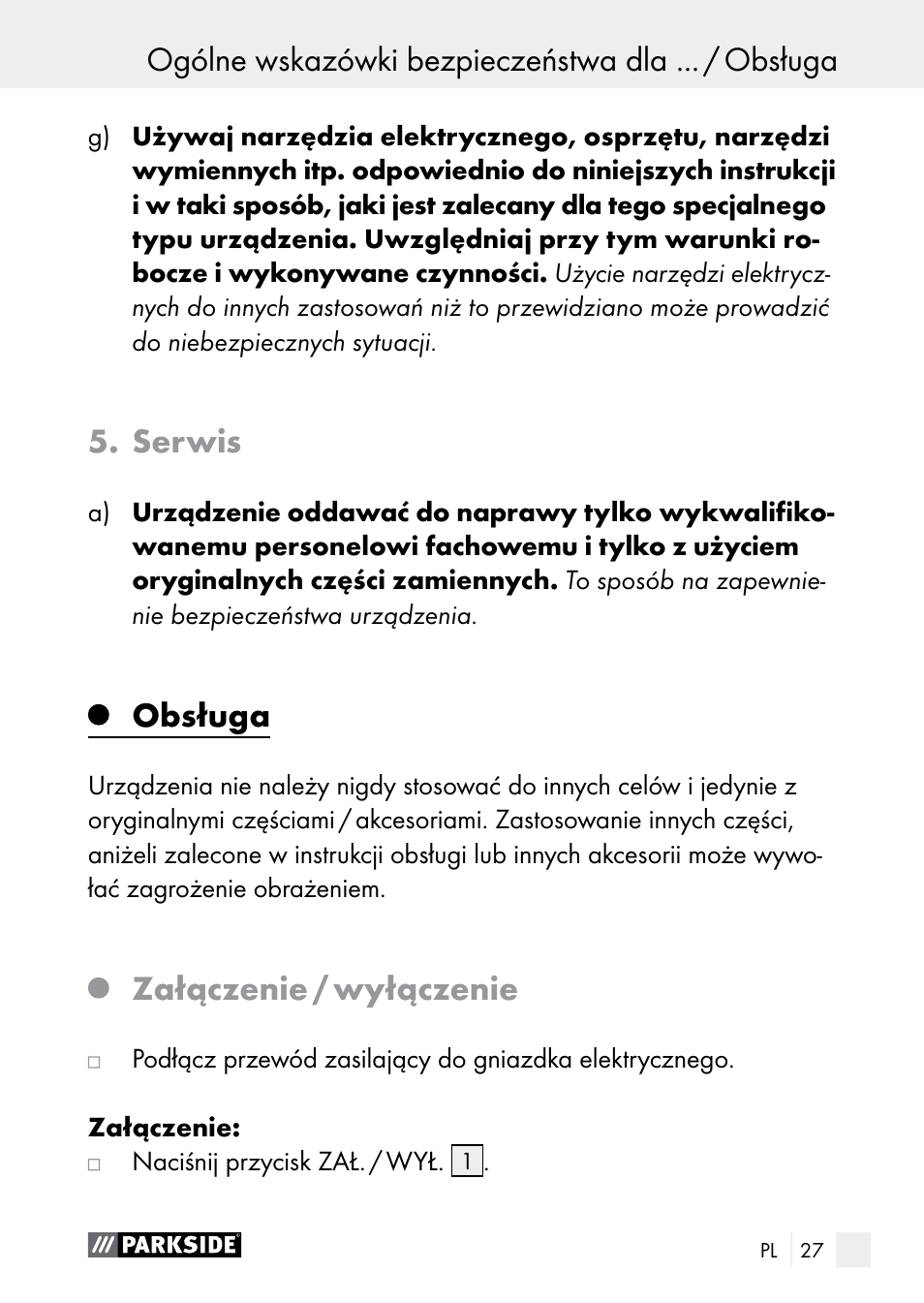 Serwis, Obsługa, Załączenie / wyłączenie | Parkside PGG 15 A1 User Manual | Page 27 / 96