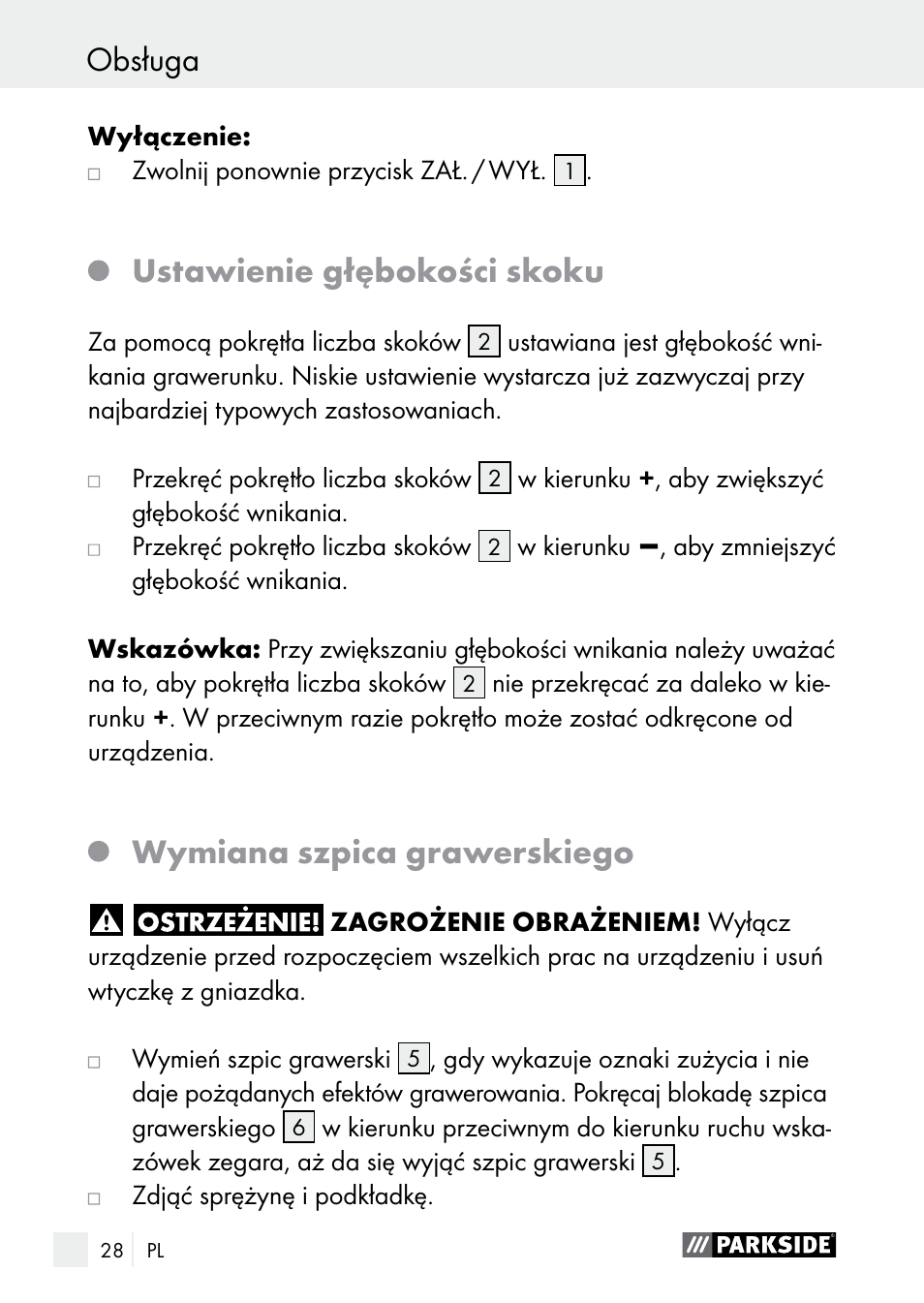 Obsługa / czyszczenie obsługa, Ustawienie głębokości skoku, Wymiana szpica grawerskiego | Parkside PGG 15 A1 User Manual | Page 28 / 96