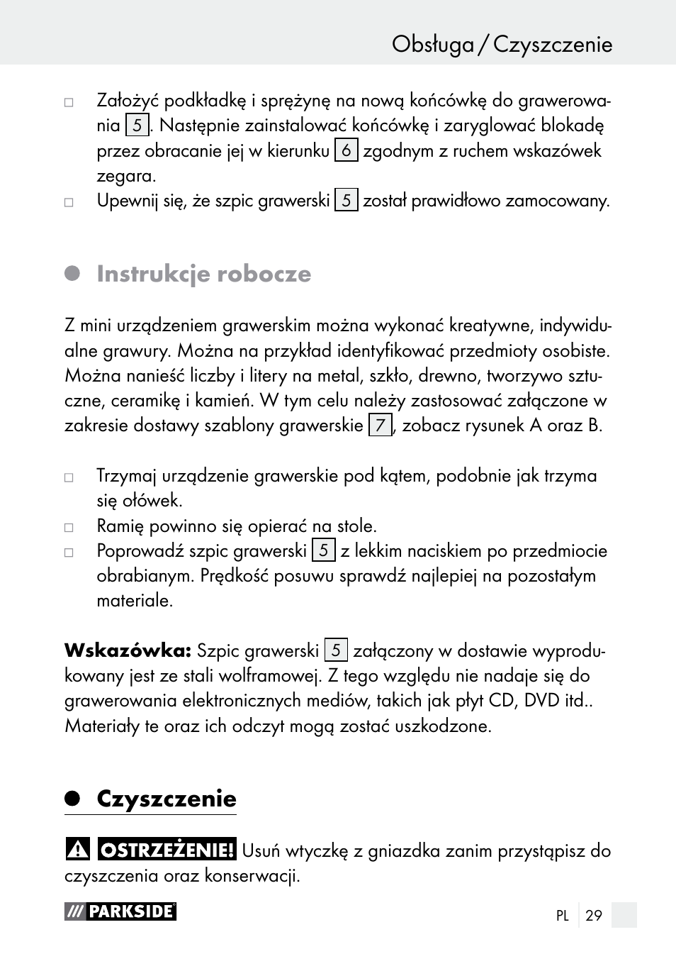 Obsługa / czyszczenie obsługa, Instrukcje robocze, Czyszczenie | Parkside PGG 15 A1 User Manual | Page 29 / 96