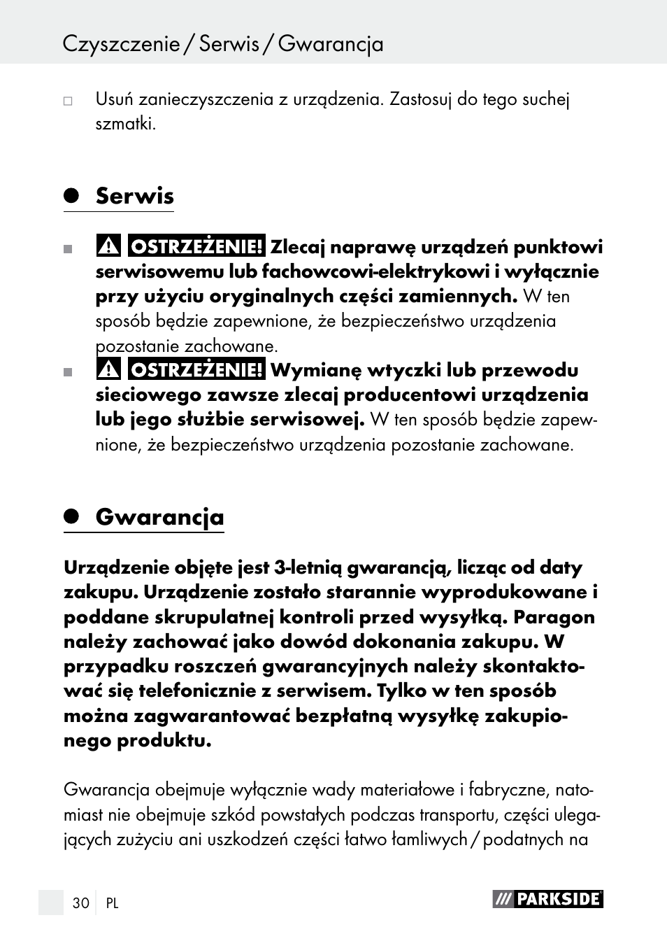 Serwis, Gwarancja | Parkside PGG 15 A1 User Manual | Page 30 / 96