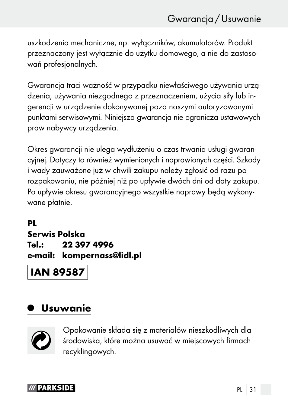 Usuwanie | Parkside PGG 15 A1 User Manual | Page 31 / 96