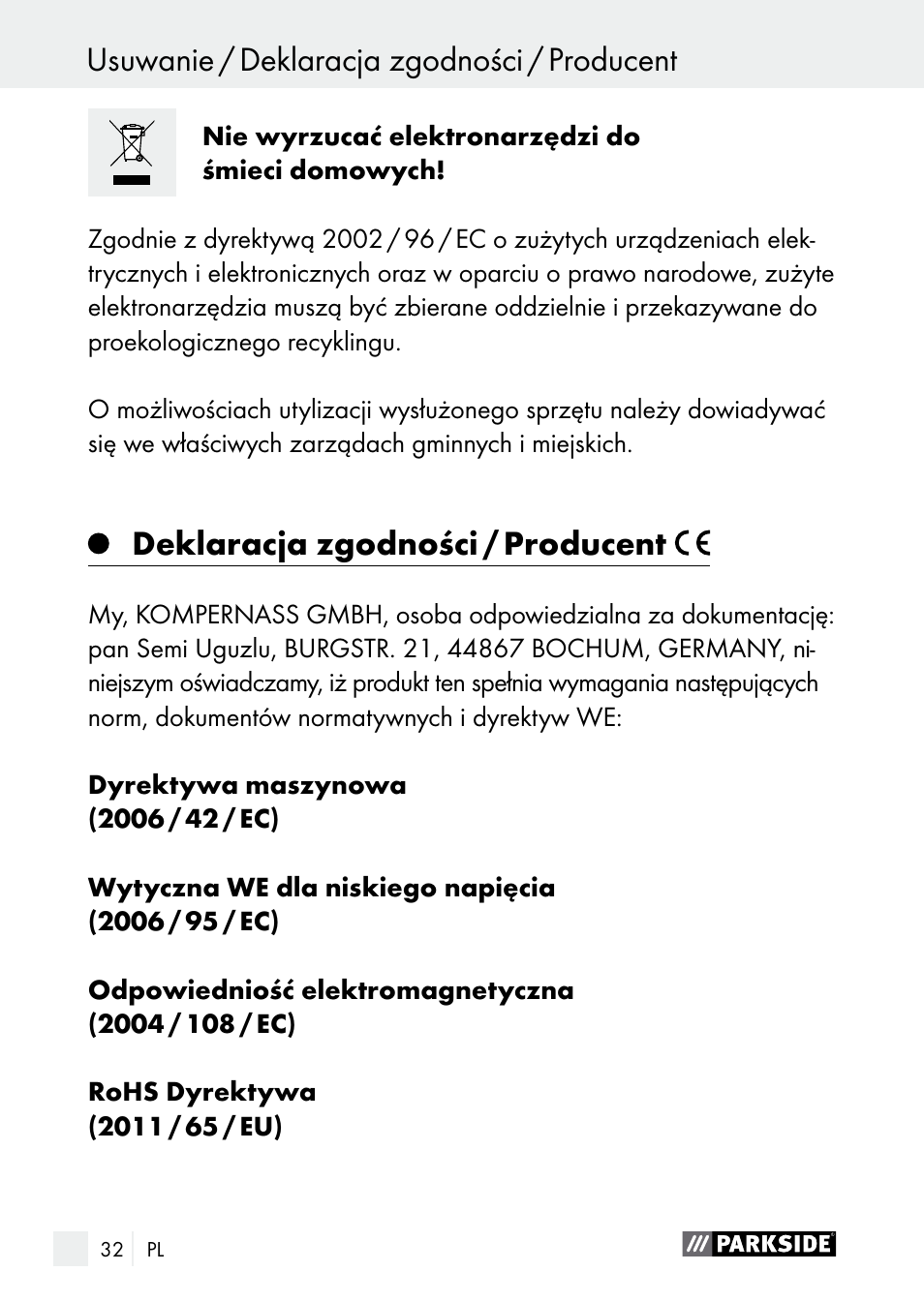 Deklaracja zgodności / producent | Parkside PGG 15 A1 User Manual | Page 32 / 96