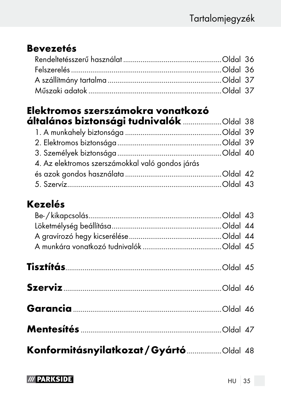 Tartalomjegyzék bevezetés, Kezelés, Tisztítás | Szerviz, Garancia, Mentesítés, Konformitásnyilatkozat / gyártó | Parkside PGG 15 A1 User Manual | Page 35 / 96