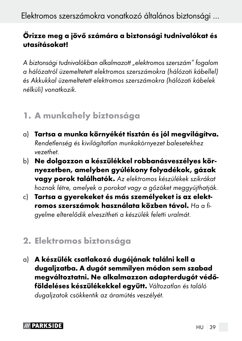 A munkahely biztonsága, Elektromos biztonsága | Parkside PGG 15 A1 User Manual | Page 39 / 96