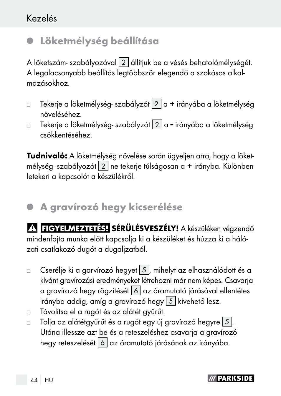 Kezelés / tisztítás kezelés, Löketmélység beállítása, A gravírozó hegy kicserélése | Parkside PGG 15 A1 User Manual | Page 44 / 96