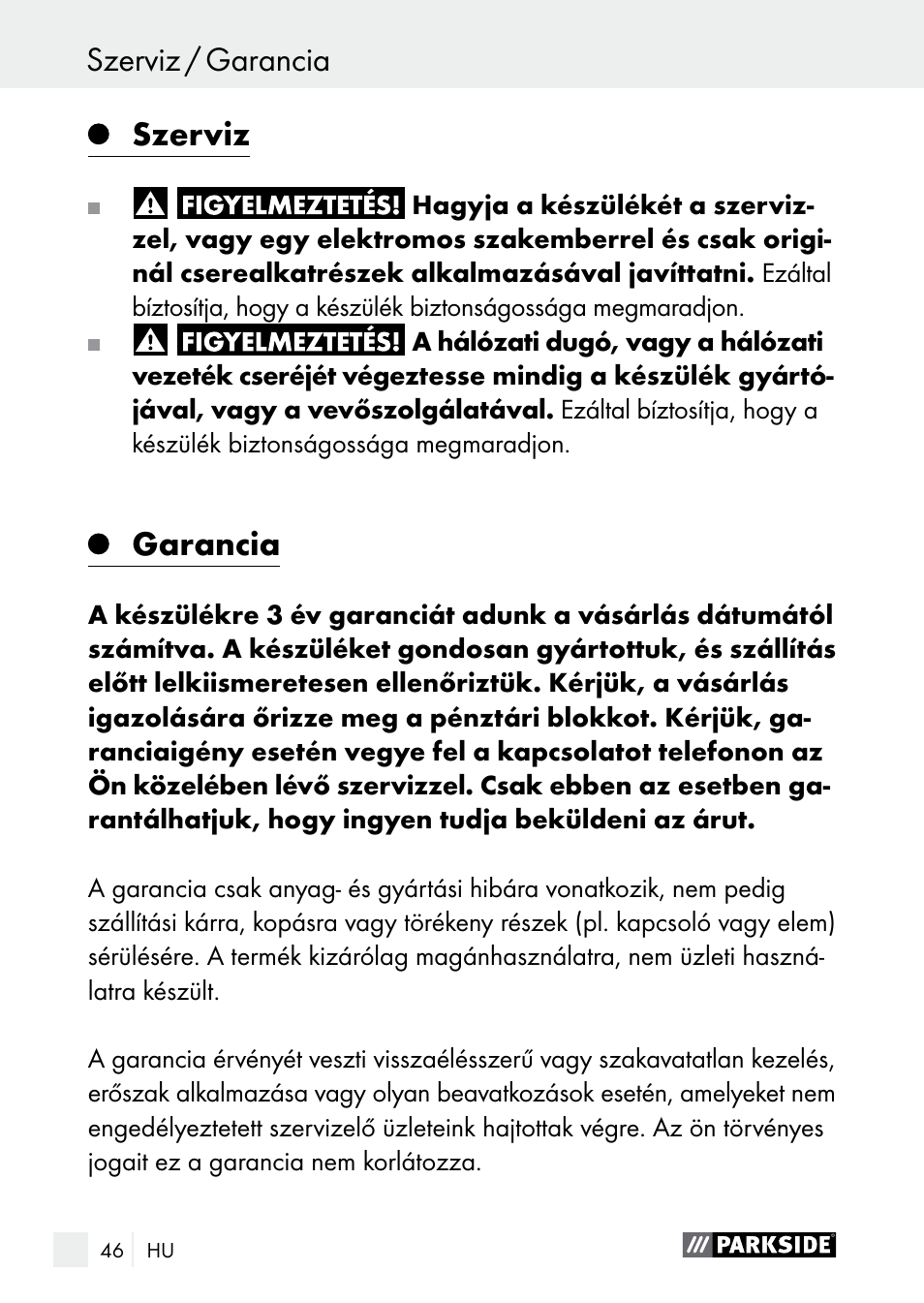 Garancia / mentesítés szerviz / garancia, Szerviz, Garancia | Parkside PGG 15 A1 User Manual | Page 46 / 96