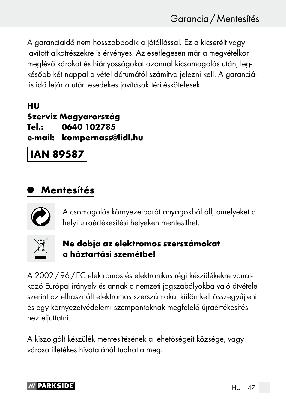 Garancia / mentesítés szerviz / garancia, Mentesítés | Parkside PGG 15 A1 User Manual | Page 47 / 96