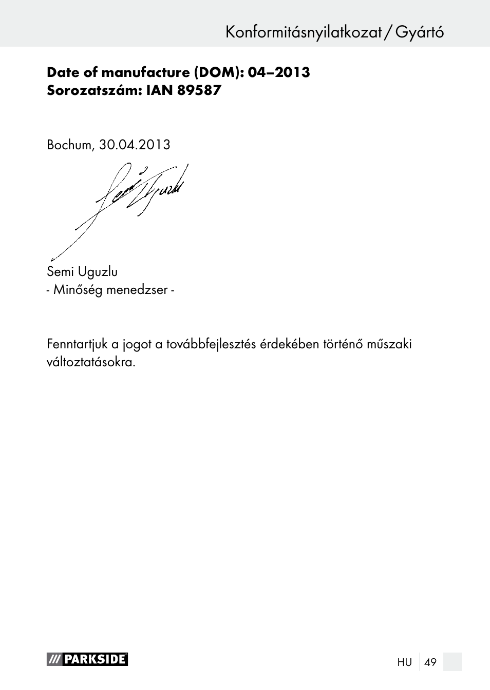 Konformitásnyilatkozat / gyártó | Parkside PGG 15 A1 User Manual | Page 49 / 96
