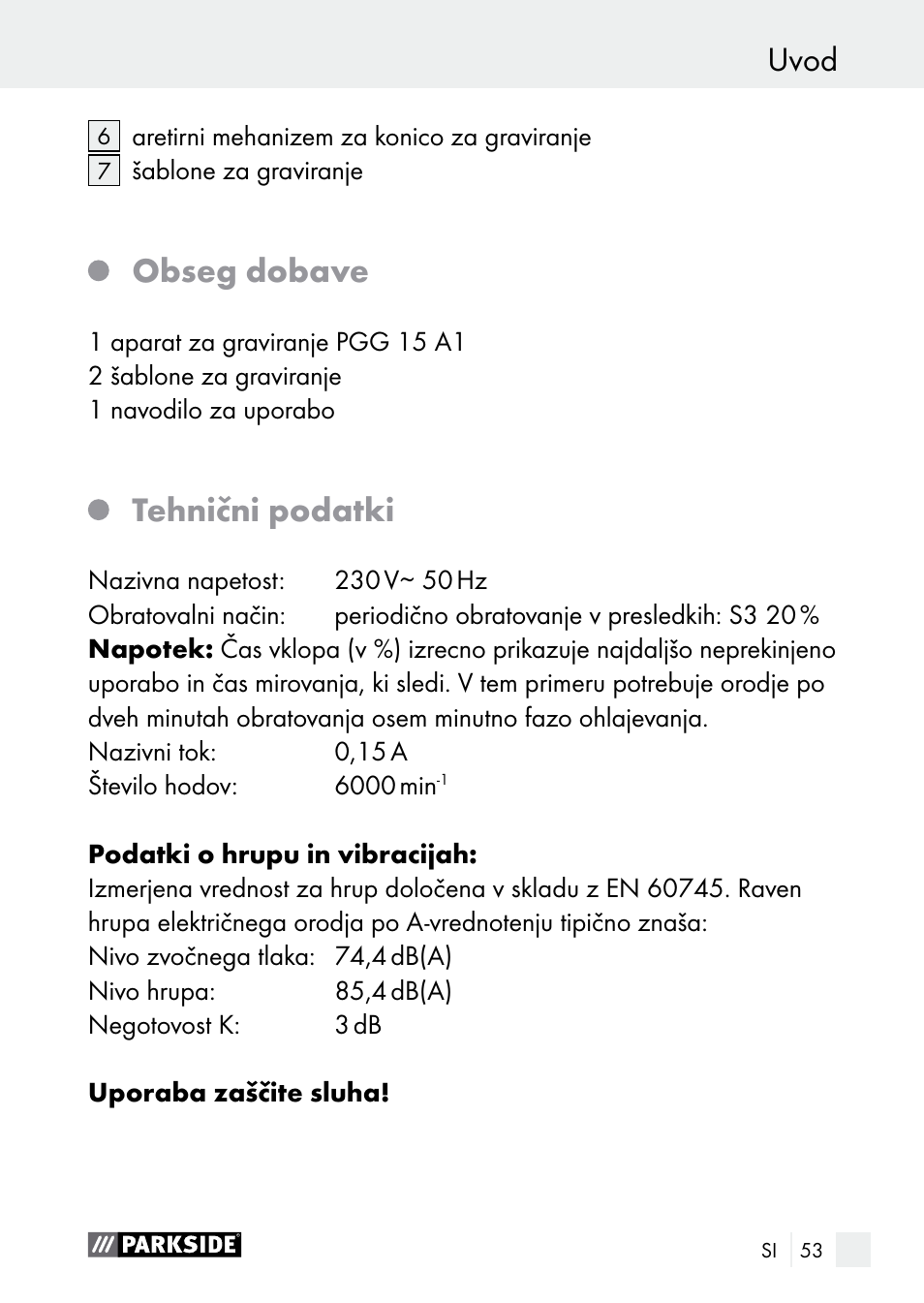 Uvod, Obseg dobave, Tehnični podatki | Parkside PGG 15 A1 User Manual | Page 53 / 96