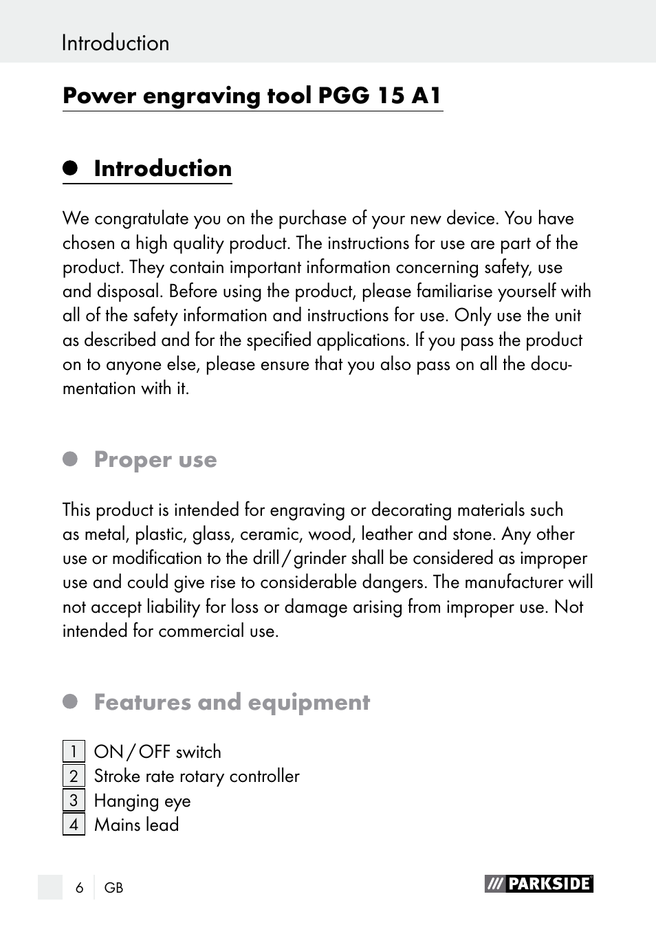 Introduction, Introduction power engraving tool pgg 15 a1, Proper use | Features and equipment | Parkside PGG 15 A1 User Manual | Page 6 / 96