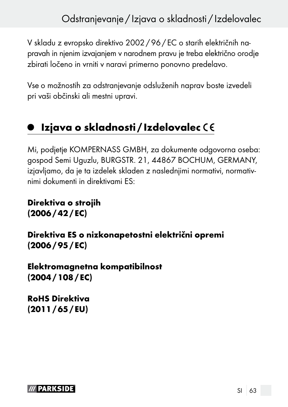 Izjava o skladnosti / izdelovalec | Parkside PGG 15 A1 User Manual | Page 63 / 96