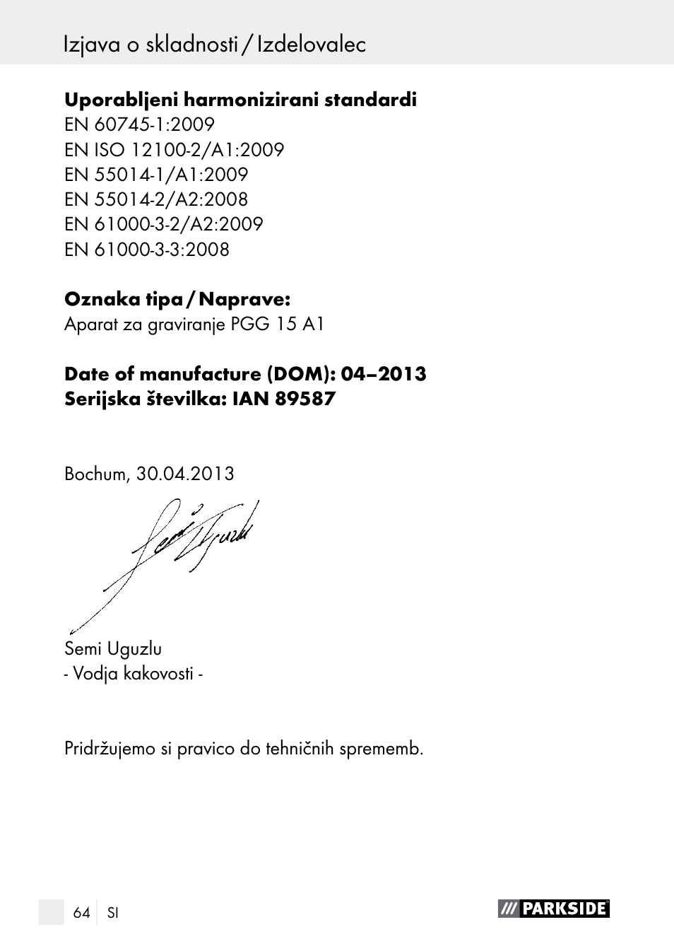 Garancijski list izjava o skladnosti / izdelovalec | Parkside PGG 15 A1 User Manual | Page 64 / 96