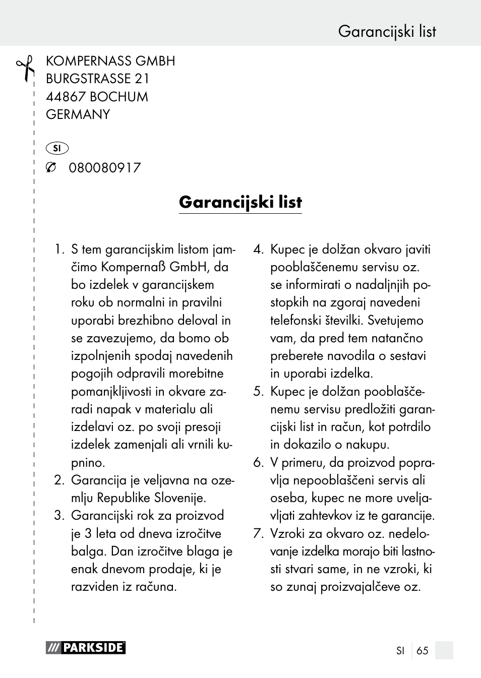 Garancijski list izjava o skladnosti / izdelovalec, Garancijski list | Parkside PGG 15 A1 User Manual | Page 65 / 96