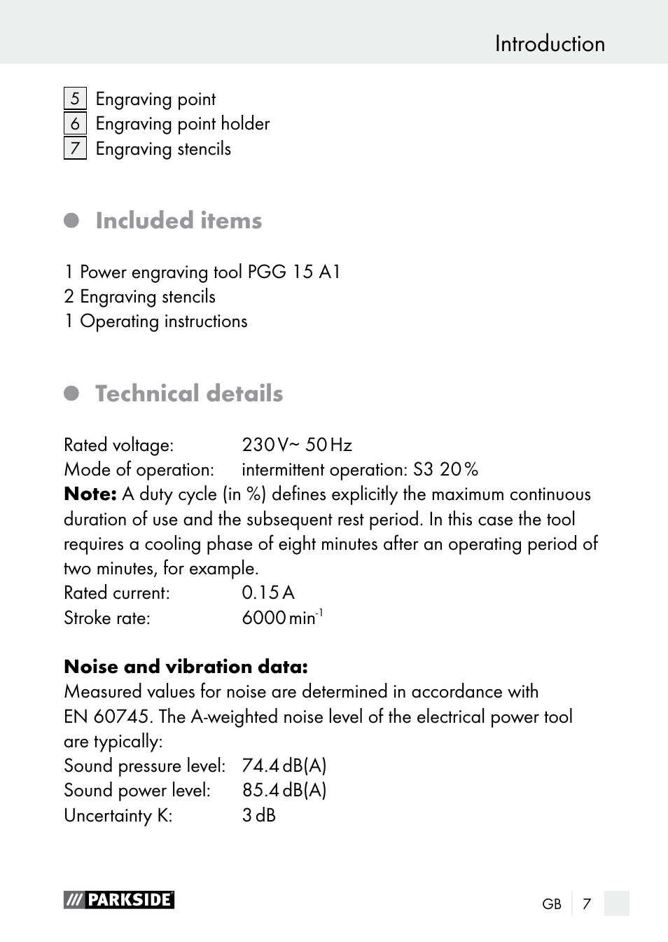 Introduction, Included items, Technical details | Parkside PGG 15 A1 User Manual | Page 7 / 96
