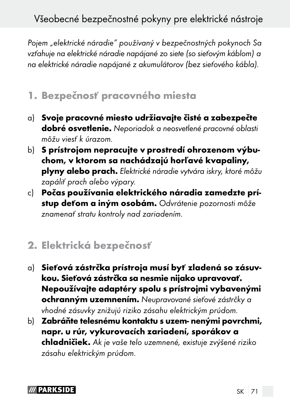 Bezpečnosť pracovného miesta, Elektrická bezpečnosť | Parkside PGG 15 A1 User Manual | Page 71 / 96