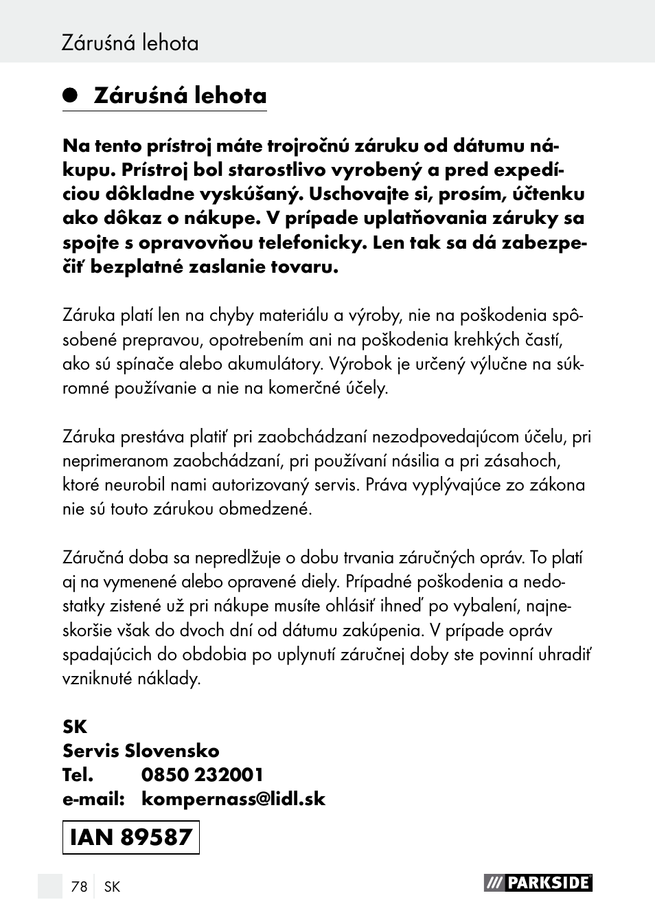 Záruśná lehota | Parkside PGG 15 A1 User Manual | Page 78 / 96