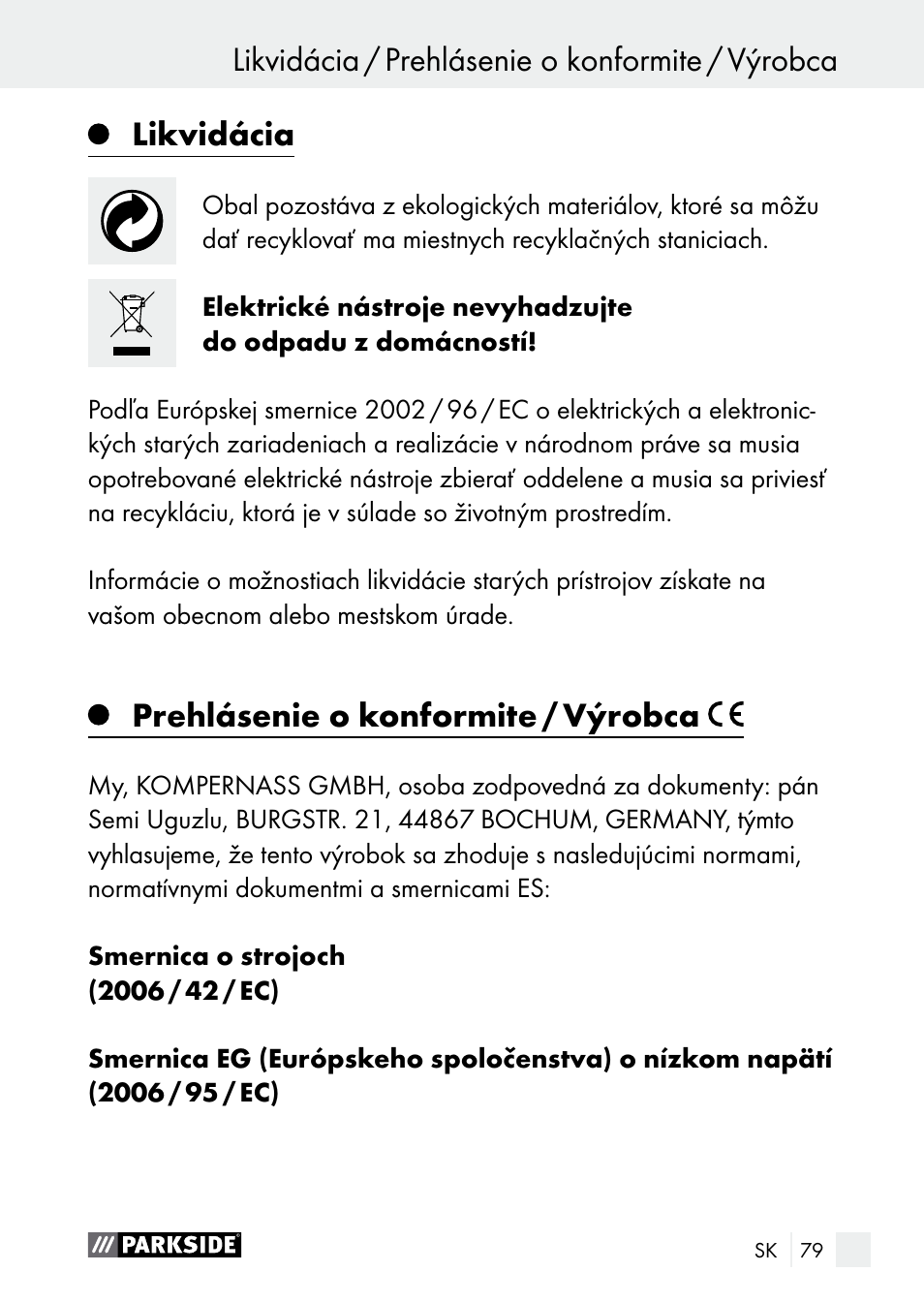 Likvidácia, Prehlásenie o konformite / výrobca | Parkside PGG 15 A1 User Manual | Page 79 / 96
