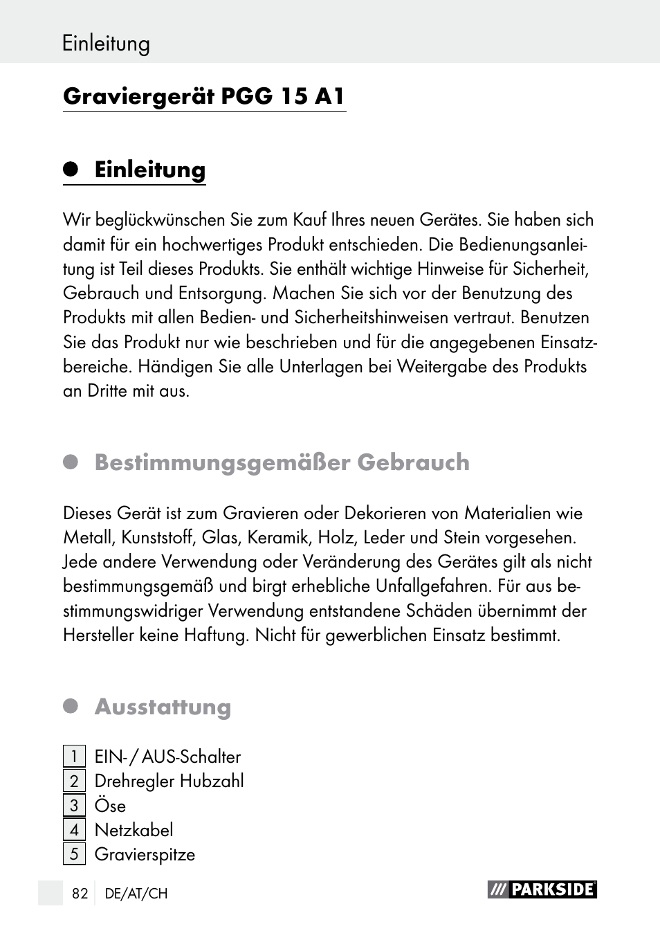Einleitung graviergerät pgg 15 a1, Einleitung, Bestimmungsgemäßer gebrauch | Ausstattung | Parkside PGG 15 A1 User Manual | Page 82 / 96