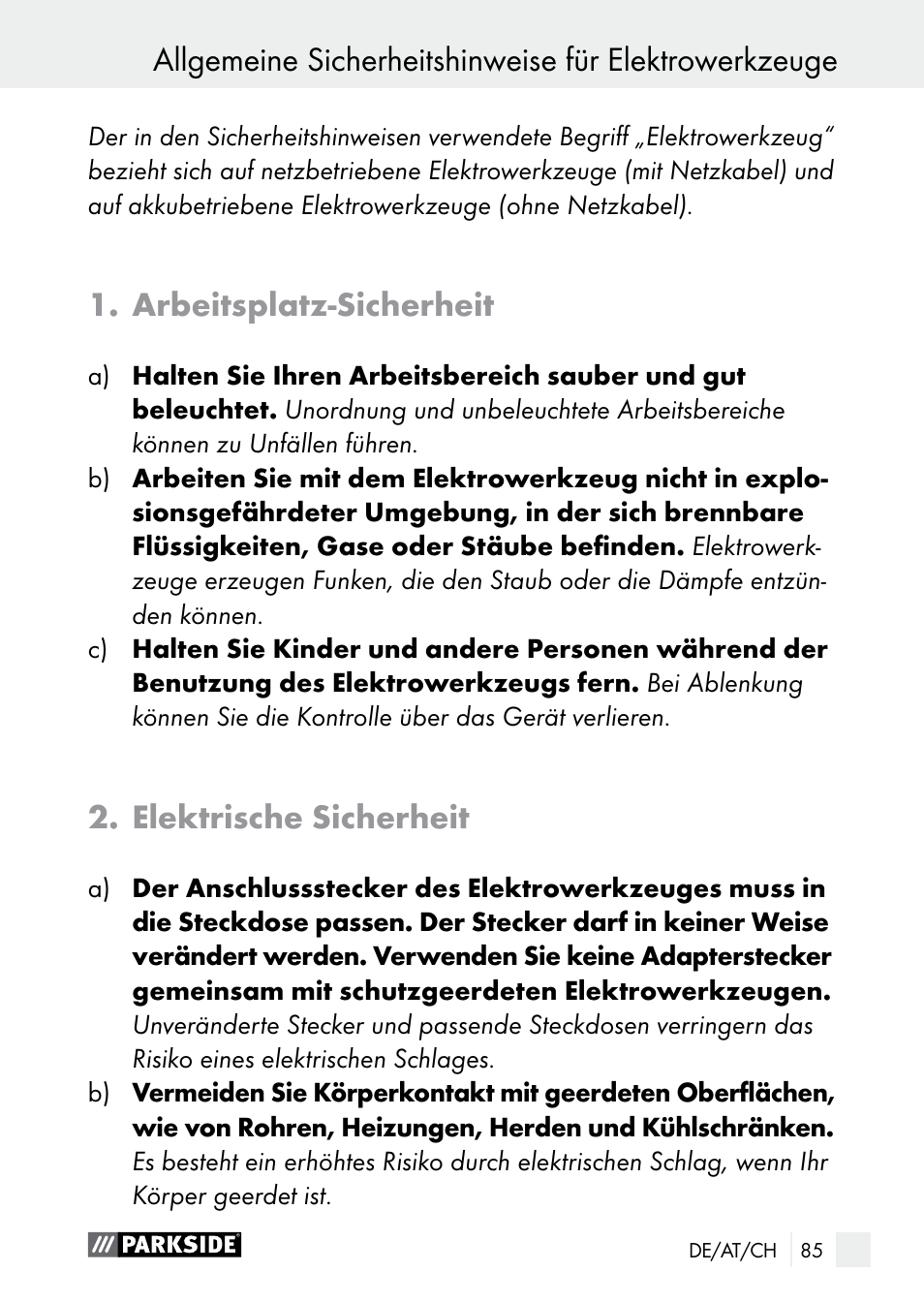 Arbeitsplatz-sicherheit, Elektrische sicherheit | Parkside PGG 15 A1 User Manual | Page 85 / 96