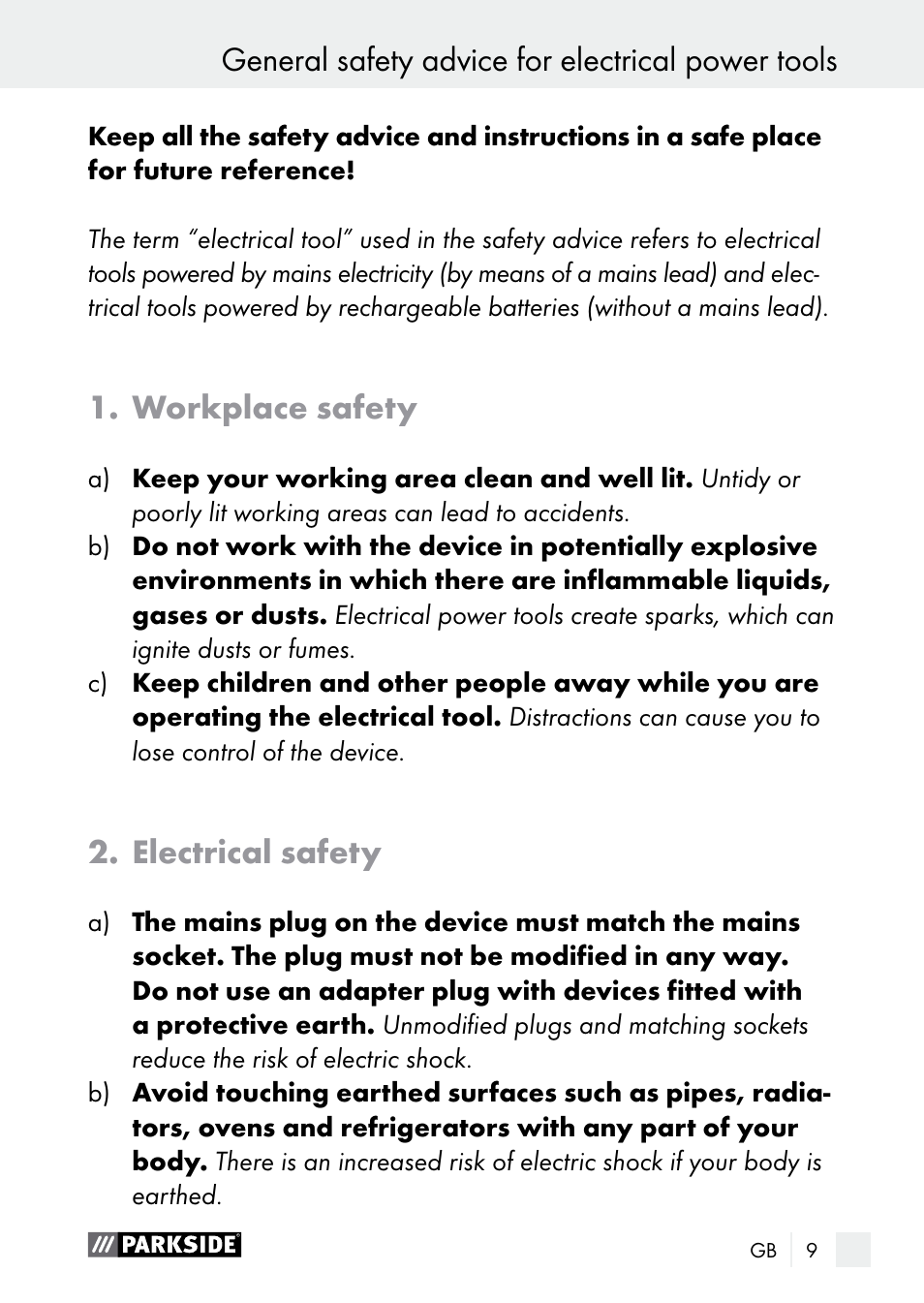 Workplace safety, Electrical safety | Parkside PGG 15 A1 User Manual | Page 9 / 96