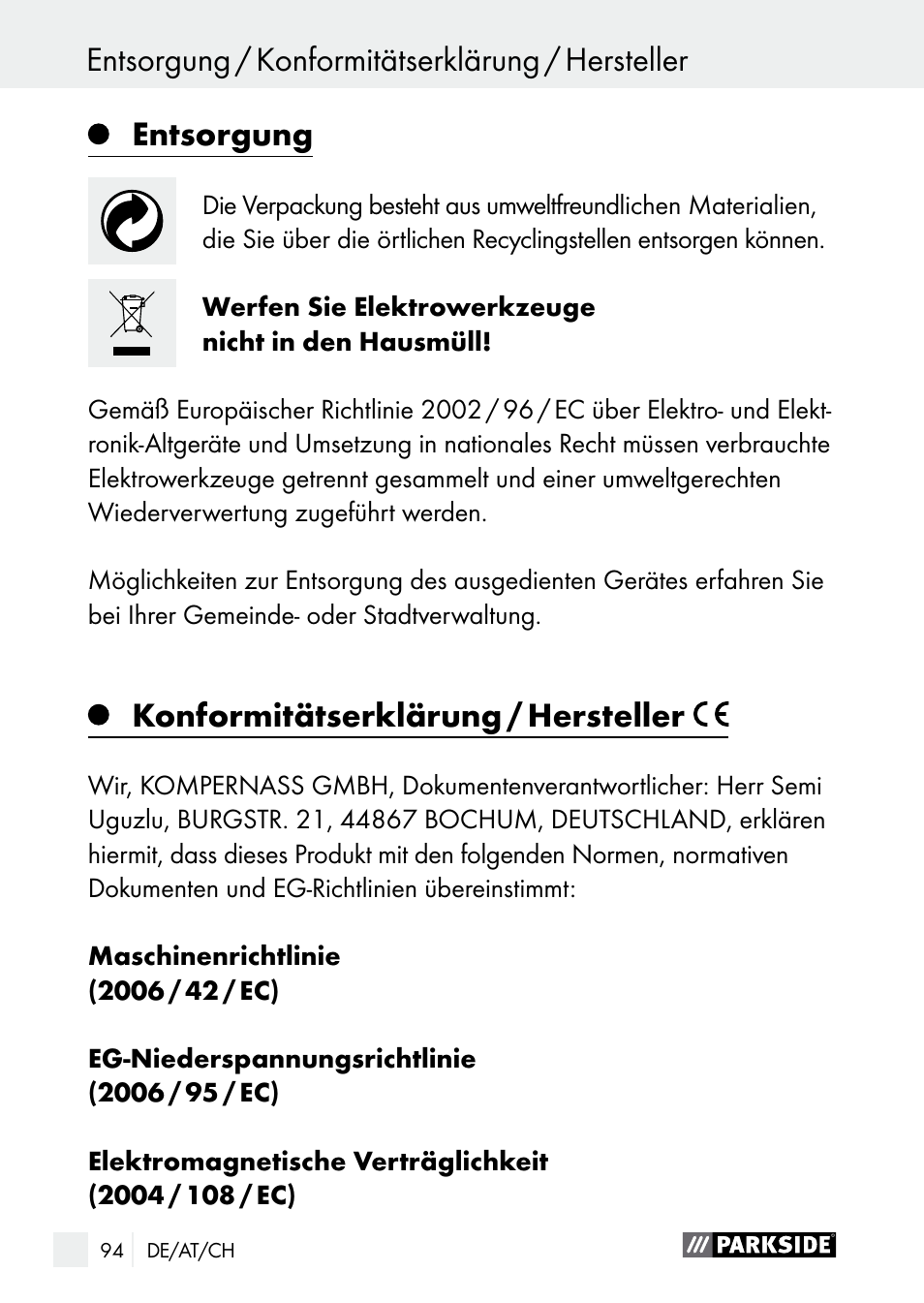Entsorgung, Konformitätserklärung / hersteller | Parkside PGG 15 A1 User Manual | Page 94 / 96