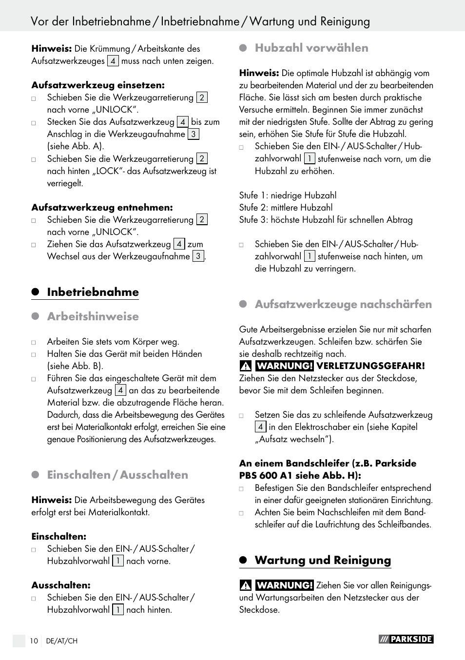 Wartung und reinigung / service / garantie, Inbetriebnahme, Arbeitshinweise | Einschalten / ausschalten, Hubzahl vorwählen, Aufsatzwerkzeuge nachschärfen, Wartung und reinigung | Parkside PES 200 B1 User Manual | Page 10 / 37