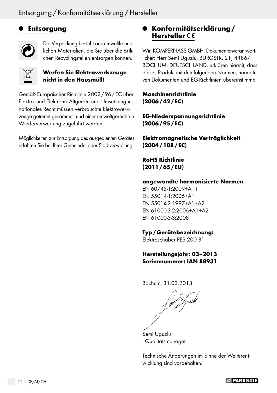 Entsorgung, Konformitätserklärung / hersteller | Parkside PES 200 B1 User Manual | Page 12 / 37