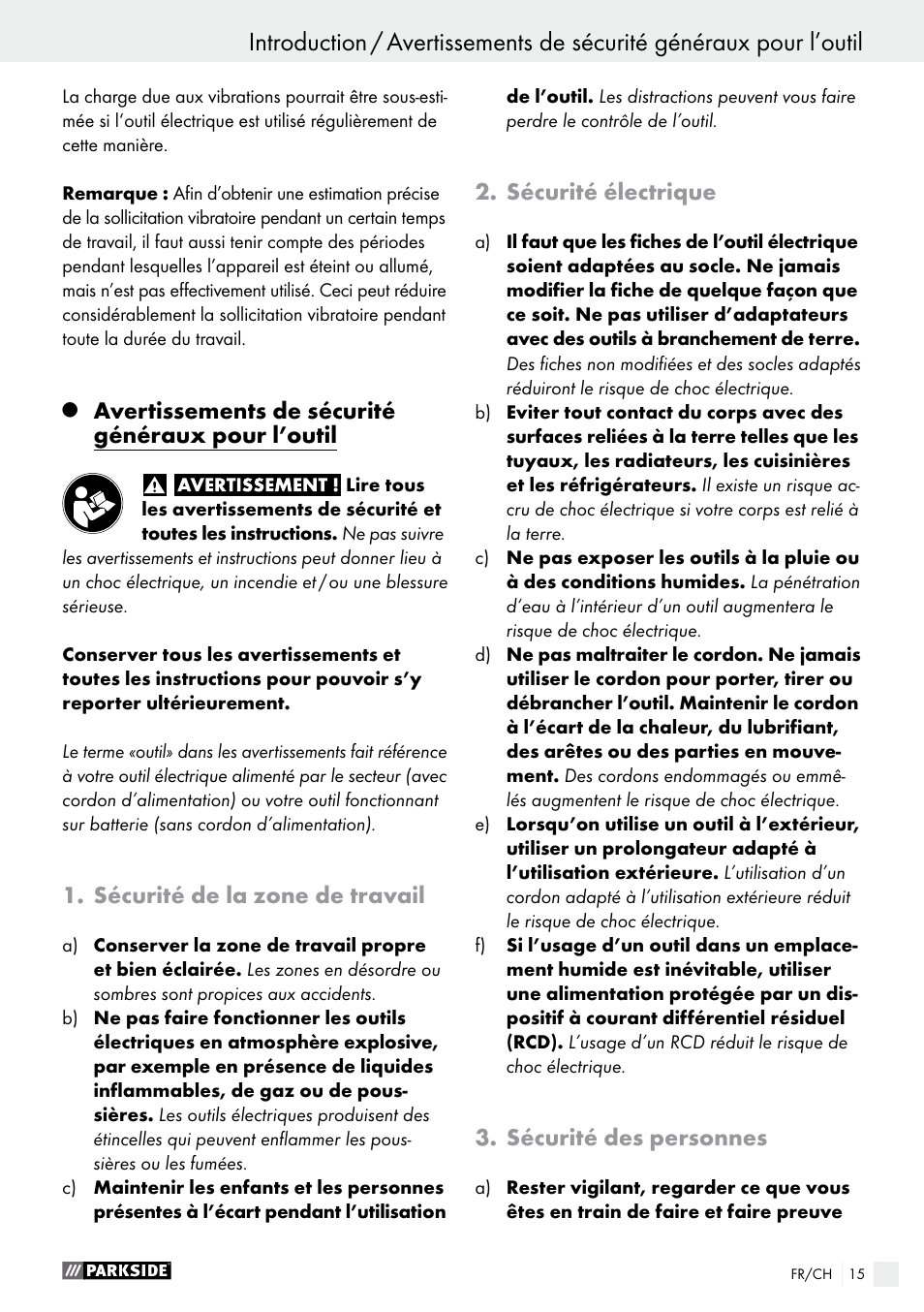 Avertissements de sécurité généraux pour l’outil, Sécurité de la zone de travail, Sécurité électrique | Sécurité des personnes | Parkside PES 200 B1 User Manual | Page 15 / 37