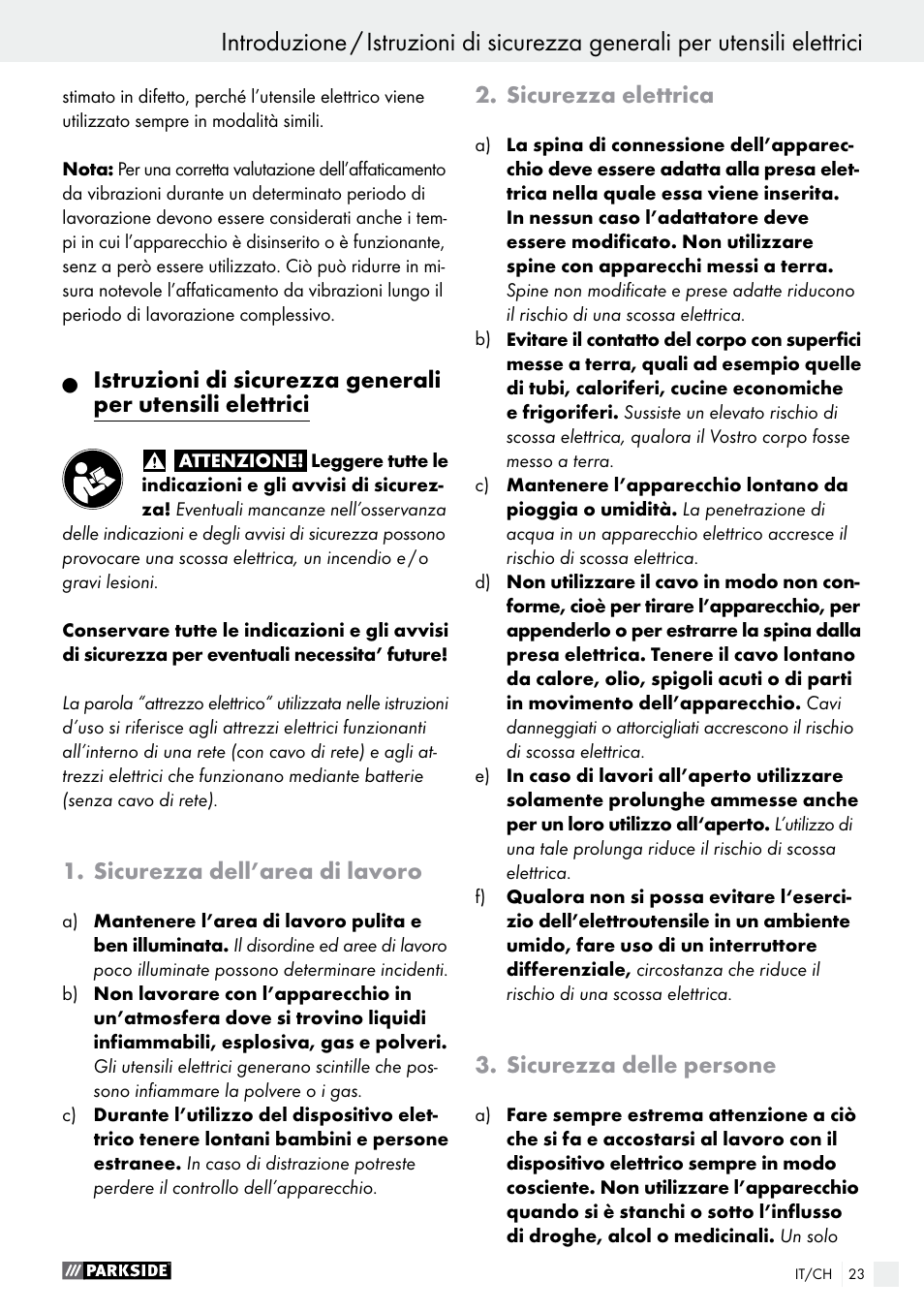 Introduzione, Sicurezza dell’area di lavoro, Sicurezza elettrica | Sicurezza delle persone | Parkside PES 200 B1 User Manual | Page 23 / 37