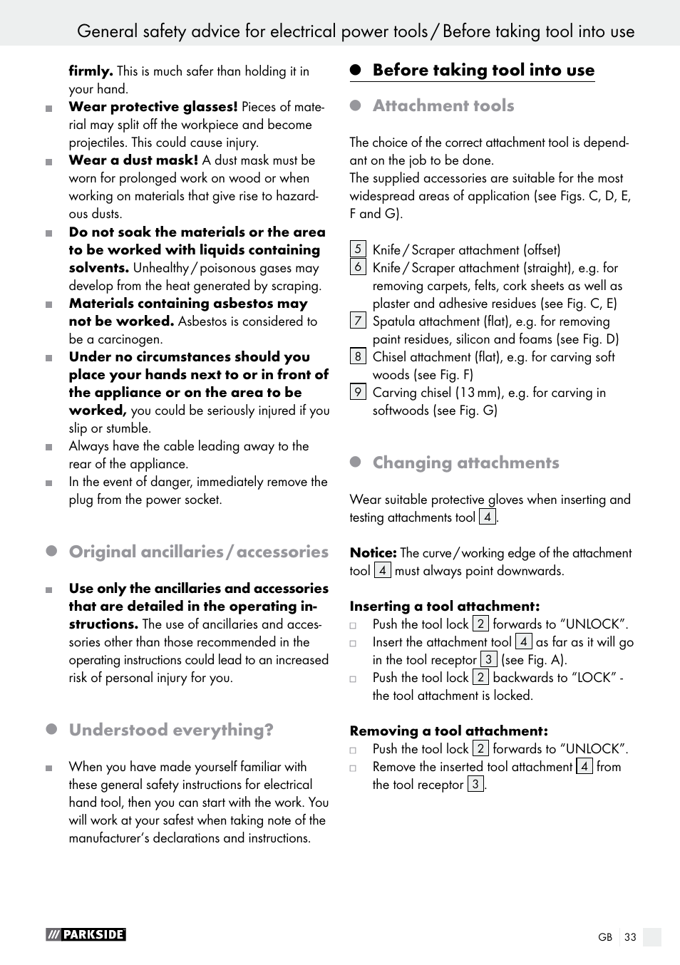 Original ancillaries / accessories, Understood everything, Before taking tool into use | Attachment tools, Changing attachments | Parkside PES 200 B1 User Manual | Page 33 / 37